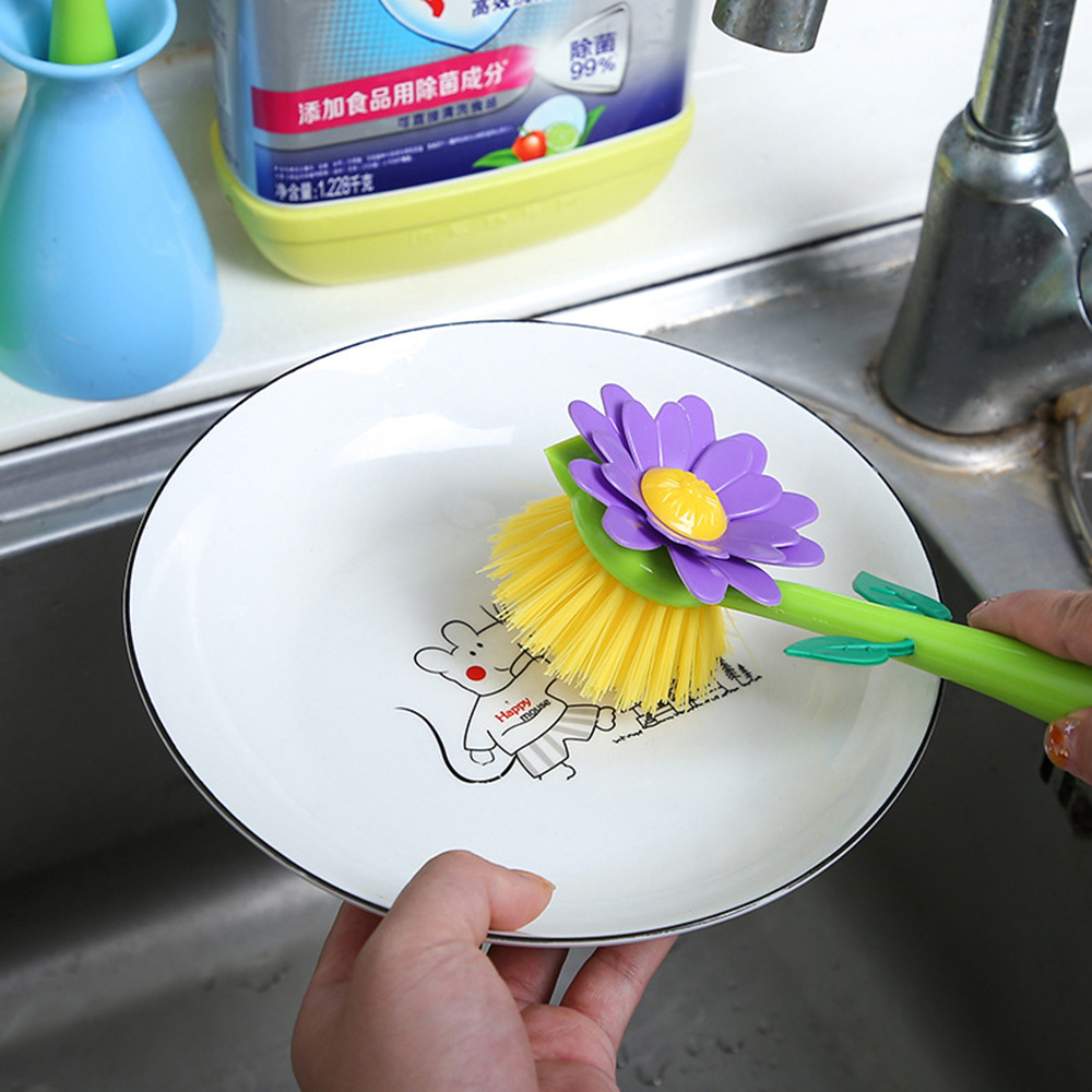 Customized Color Flower Shape Kitchen Cleaning Brush Plastic Pot Dish Washing Brush Handheld Bristle Household Cleaning Brush