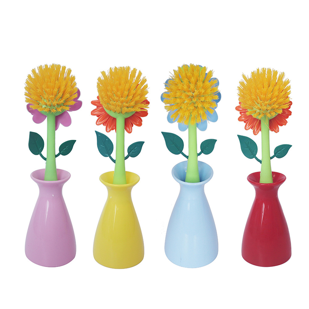 Customized Color Flower Shape Kitchen Cleaning Brush Plastic Pot Dish Washing Brush Handheld Bristle Household Cleaning Brush