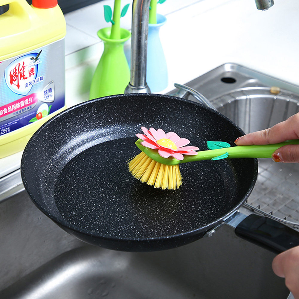 Customized Color Flower Shape Kitchen Cleaning Brush Plastic Pot Dish Washing Brush Handheld Bristle Household Cleaning Brush