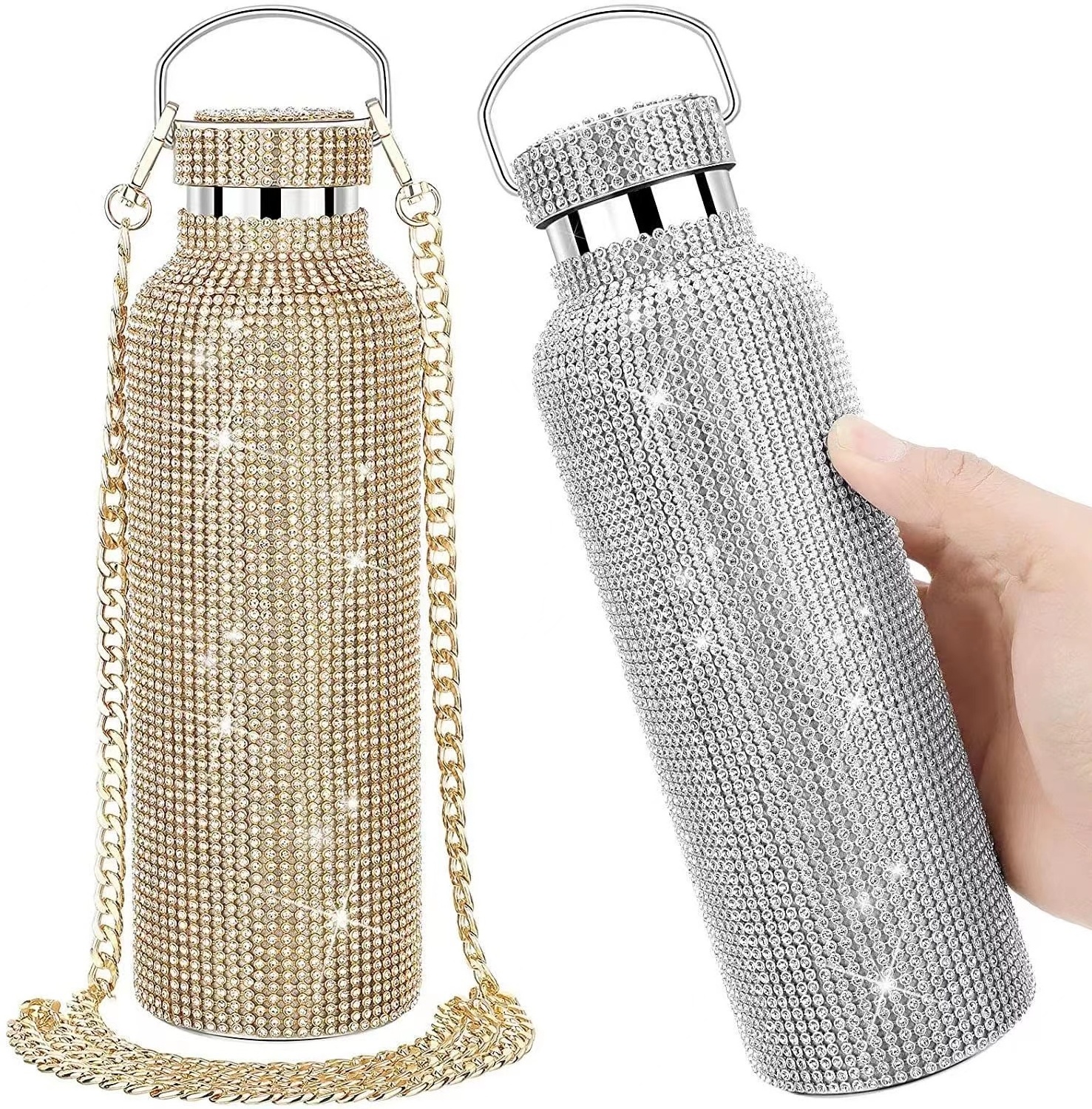 Insulated Bottle Bling Rhinestone Stainless Steel Thermal Bottle Diamond Thermo Silver Water Bottle with Lid Water Cup