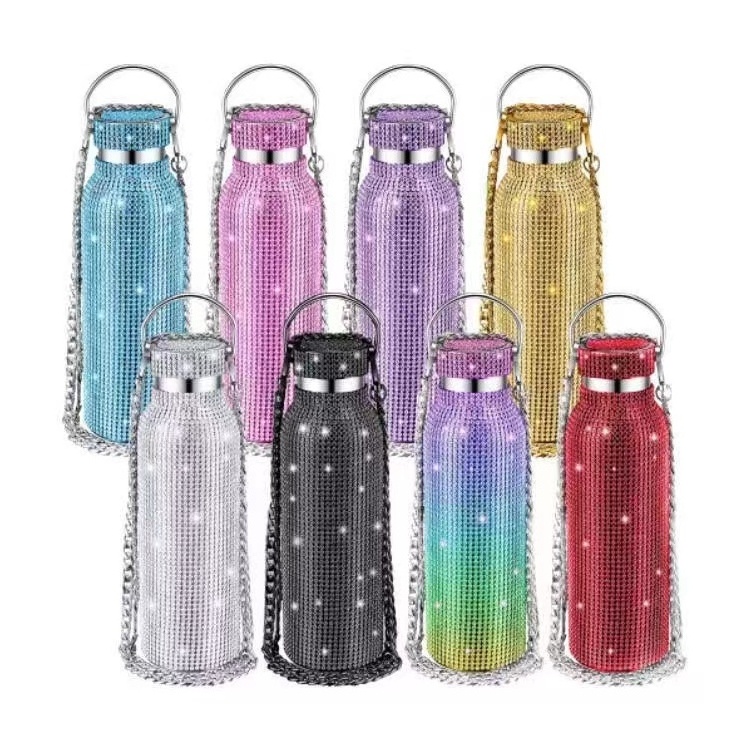 Insulated Bottle Bling Rhinestone Stainless Steel Thermal Bottle Diamond Thermo Silver Water Bottle with Lid Water Cup