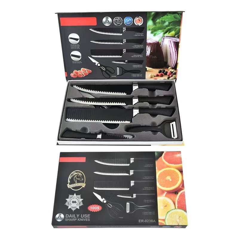 2022 NEW  Hot Sales 6pcs stainless steel Non-Stick Coating Black Kitchen Knife Set Gift Box Knives