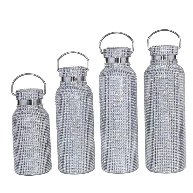 Insulated Bottle Bling Rhinestone Stainless Steel Thermal Bottle Diamond Thermo Silver Water Bottle with Lid Water Cup