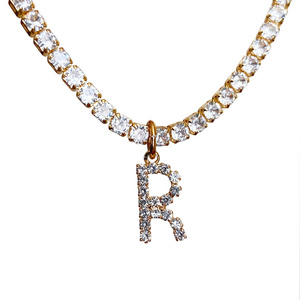 Luxury Women Letter Pendant Charm Tennis Chain Jewelry Stainless Steel Gold Plated Diamond Letter Necklace CZ Initial Necklace