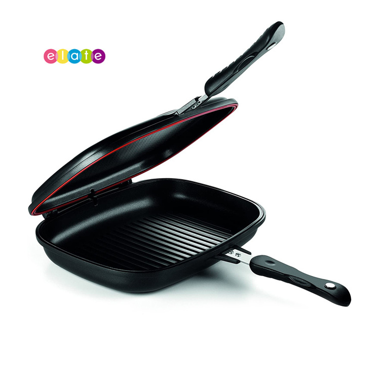 Silicone Seal Double Sided Non Stick oil Free Grill Pan with Heat Resistant Handle