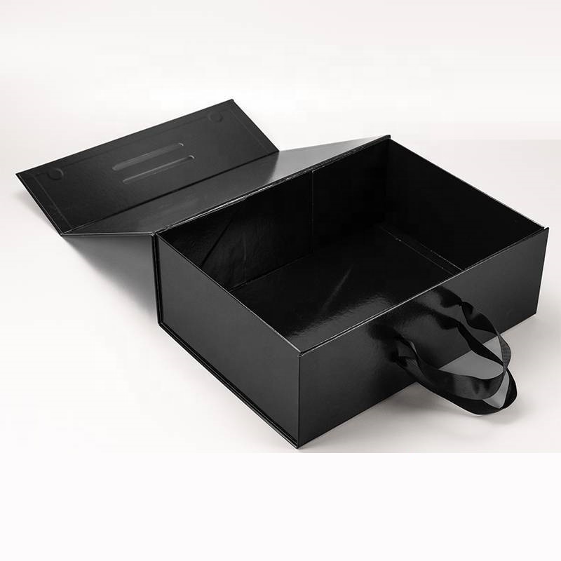 Flat Magnetic rigid foldable paper cardboard gift packing boxes with ribbon handle for shoes big box