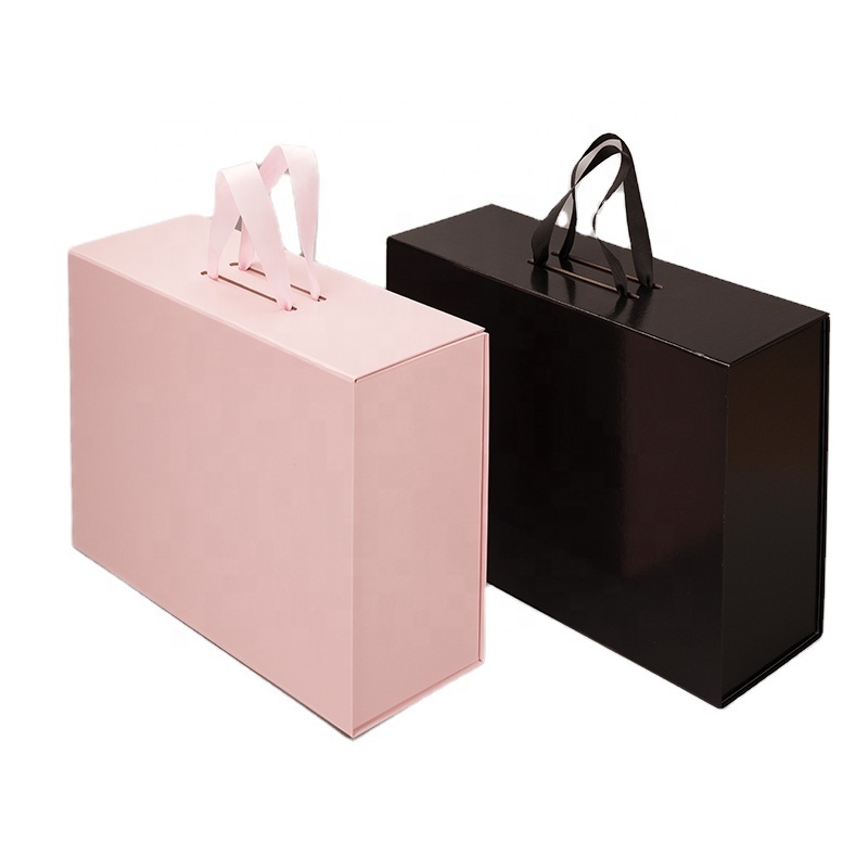 Flat Magnetic rigid foldable paper cardboard gift packing boxes with ribbon handle for shoes big box