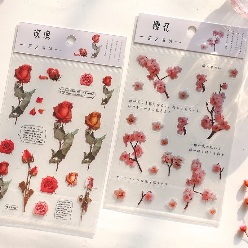 Natural Daisy Clover Japanese Words Stickers Transparent Flowers Leaves Plants Deco Stickers