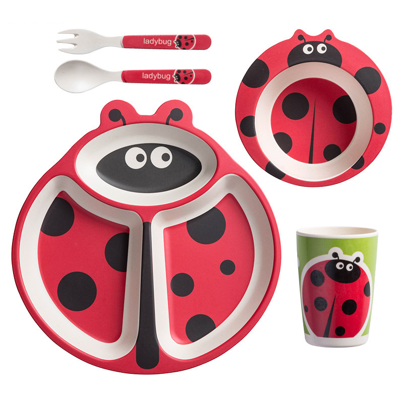 Cartoon Animal Print 5 Pack Set Children Bowl Dinner Plate Bamboo Fiber Kids Dinnerware set