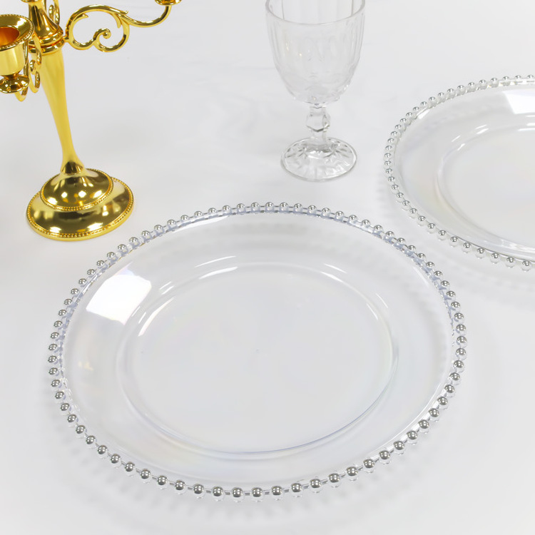 Wholesale Other Wedding Party Decorations 13 Inch Round Reusable Clear Plastic Gold Silver Beaded Charger Plates