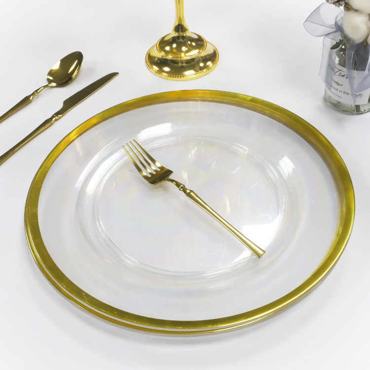 13 Inch Clear Gilding Process Wedding Party Supplies Decorations Gold Rim Plastic Glass Charger Plate