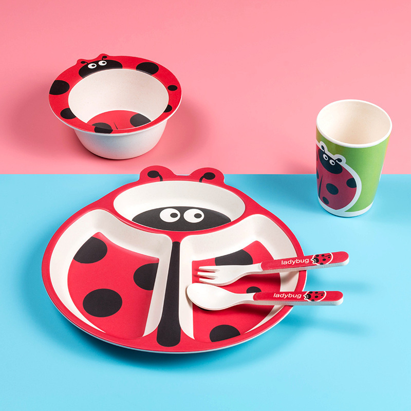 Cartoon Animal Print 5 Pack Set Children Bowl Dinner Plate Bamboo Fiber Kids Dinnerware set