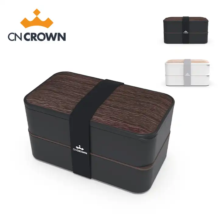 Double Layer Bento Box Stylish Leak-proof Lunch Box Wooden Style Printing On The Surface