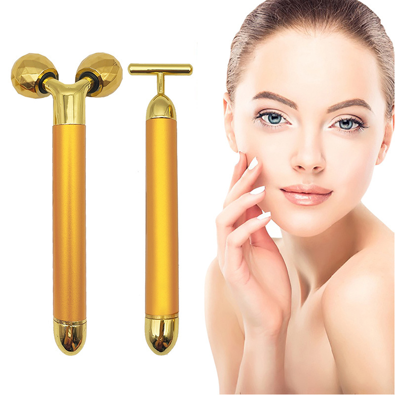 Facial Care Massage Stick Electric Vibration 24K Gold T Shape Stainless Facial Roller Massager Face Beauty Bar