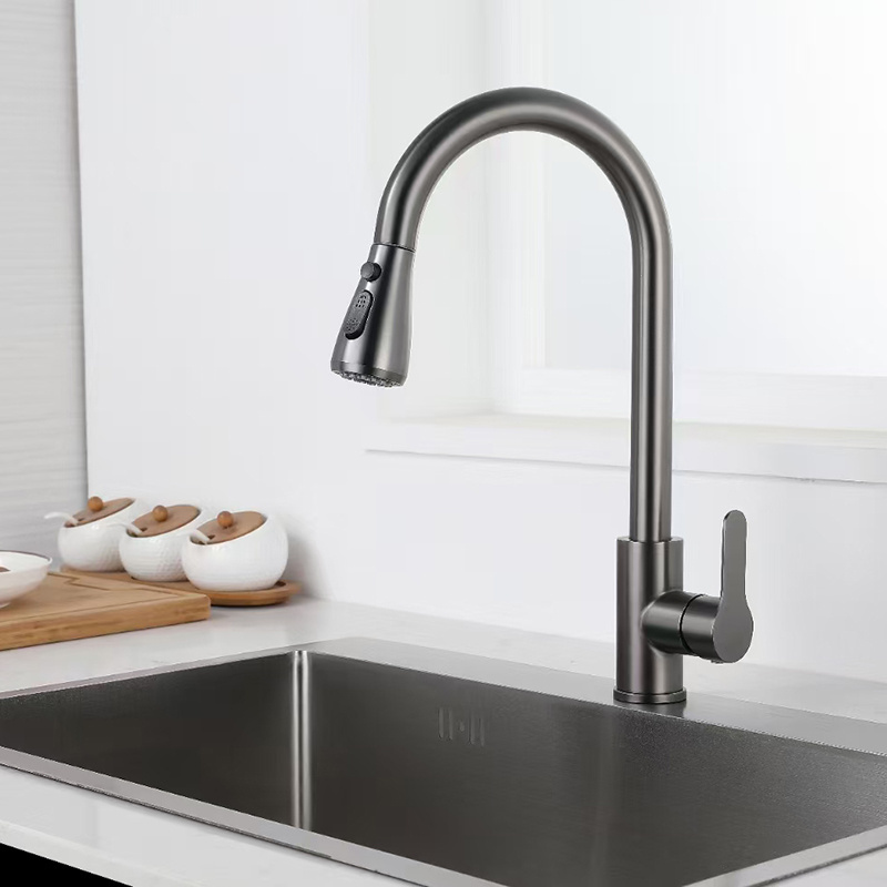 Modern Gun Gray Single Handle Kitchen Sink Faucet Factory Direct Sale Customized Stainless Steel Contemporary 3 Function Water