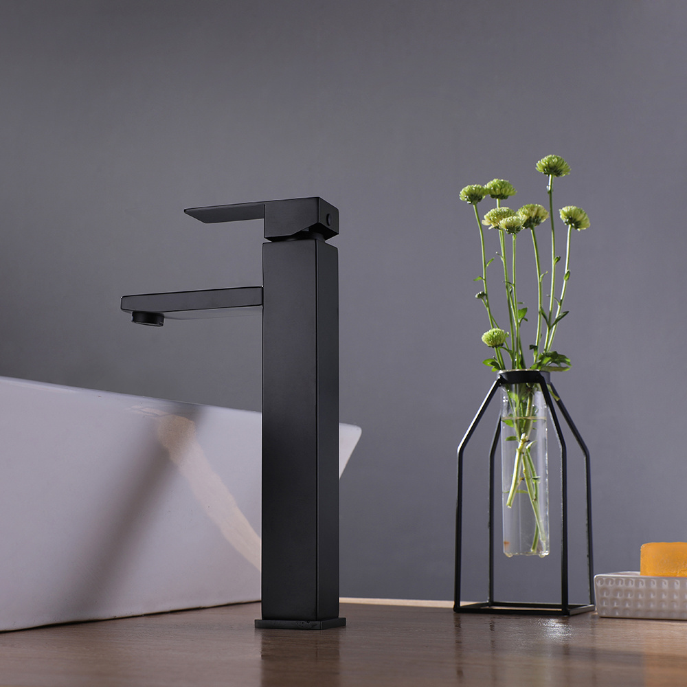 Manufacturer Modern Long Neck 304 Stainless Steel Water Tap Matte Black Bathroom Tall Basin Faucet For Sale