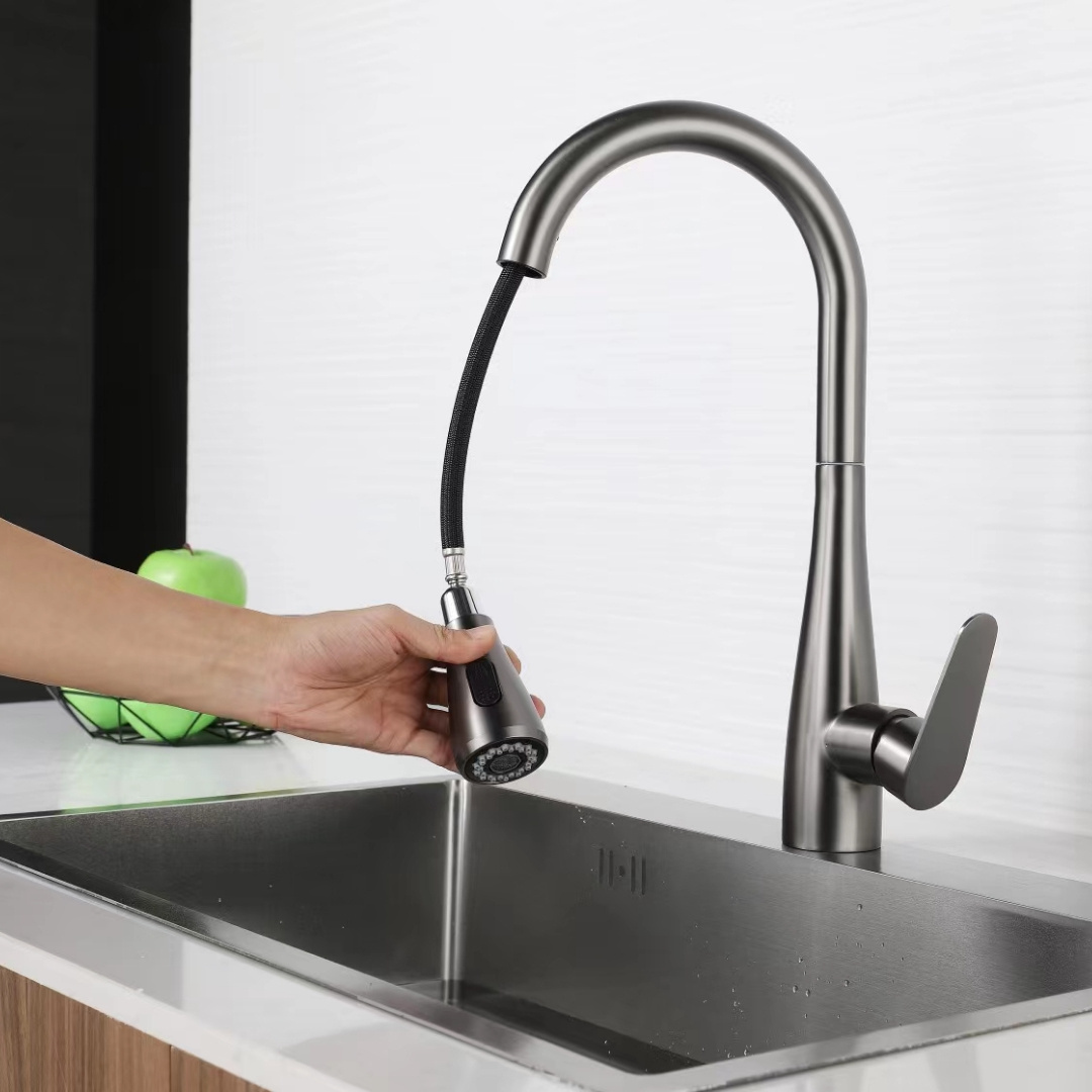 Factory Price Multifunctional Gun Grey Steel 3 Functions Mixer Tap Pull Down Kitchen Sink Faucet With Sprayer