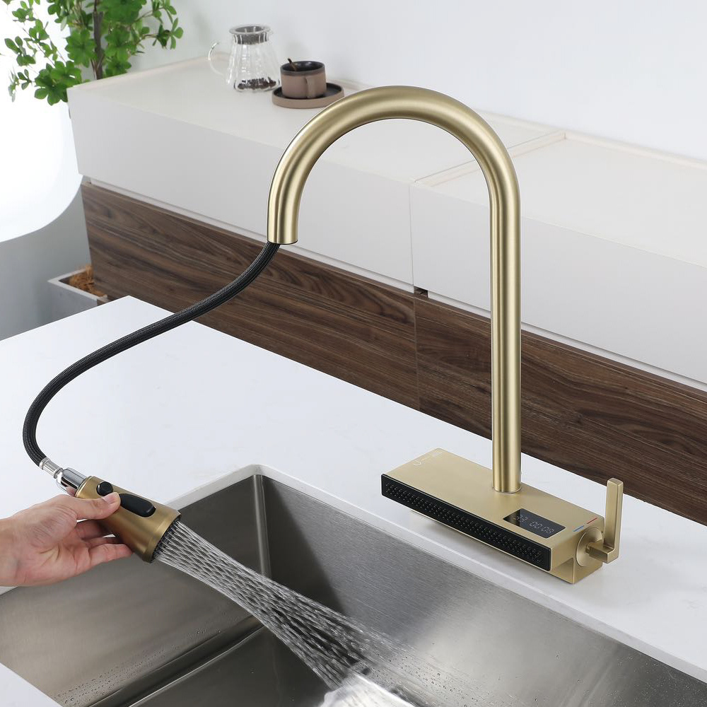 Popular Design Gold Color Way Spring Pull Down Brushed Nickel Single Lever Kitchen Mixer Kitchen Sink Faucet