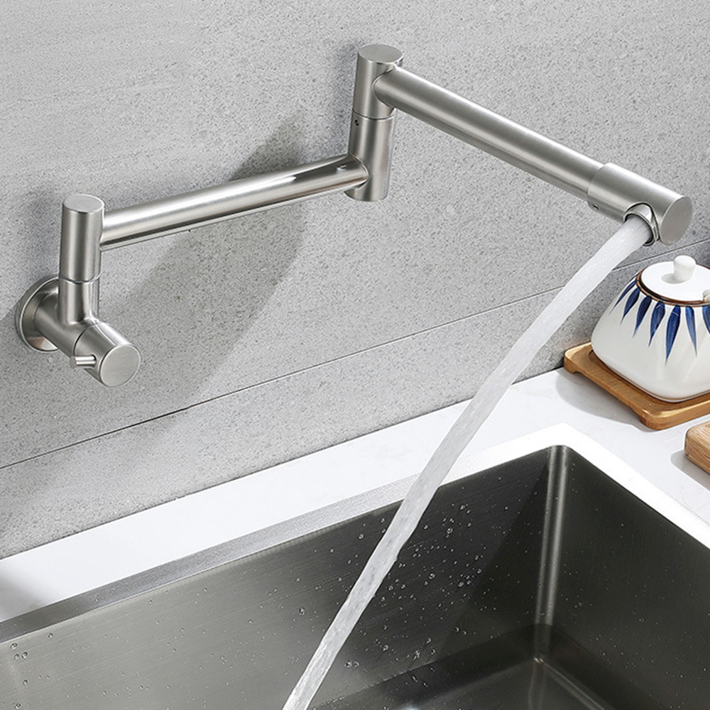 Wall Mounted Stainless steel Single Cold Sink Tap Rotate Spout Brass Concealed Single Hole Folding Kitchen Faucet