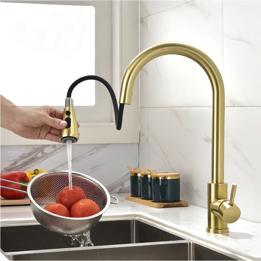 Modern Luxury Deck Mounted Water Taps Gold Kitchen Sink Pull Out Faucet With 360 Swivel Utility Mixers