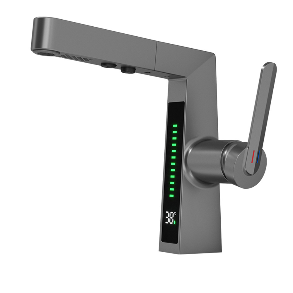 Multi-function Zinc Alloy Smart Digital Display Temperature Water Tap Pull Out Gun Gray Bathroom Basin Faucets