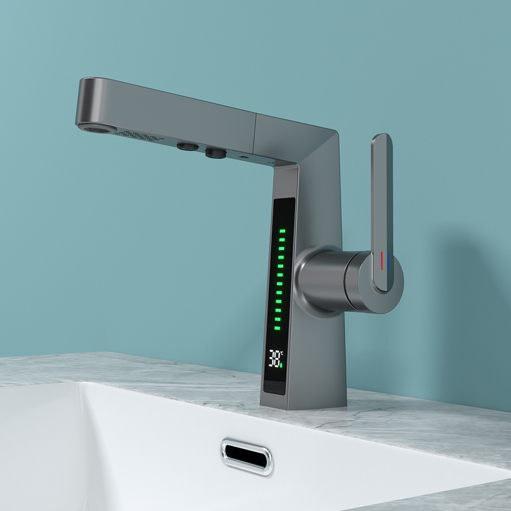 Multi-function Zinc Alloy Smart Digital Display Temperature Water Tap Pull Out Gun Gray Bathroom Basin Faucets