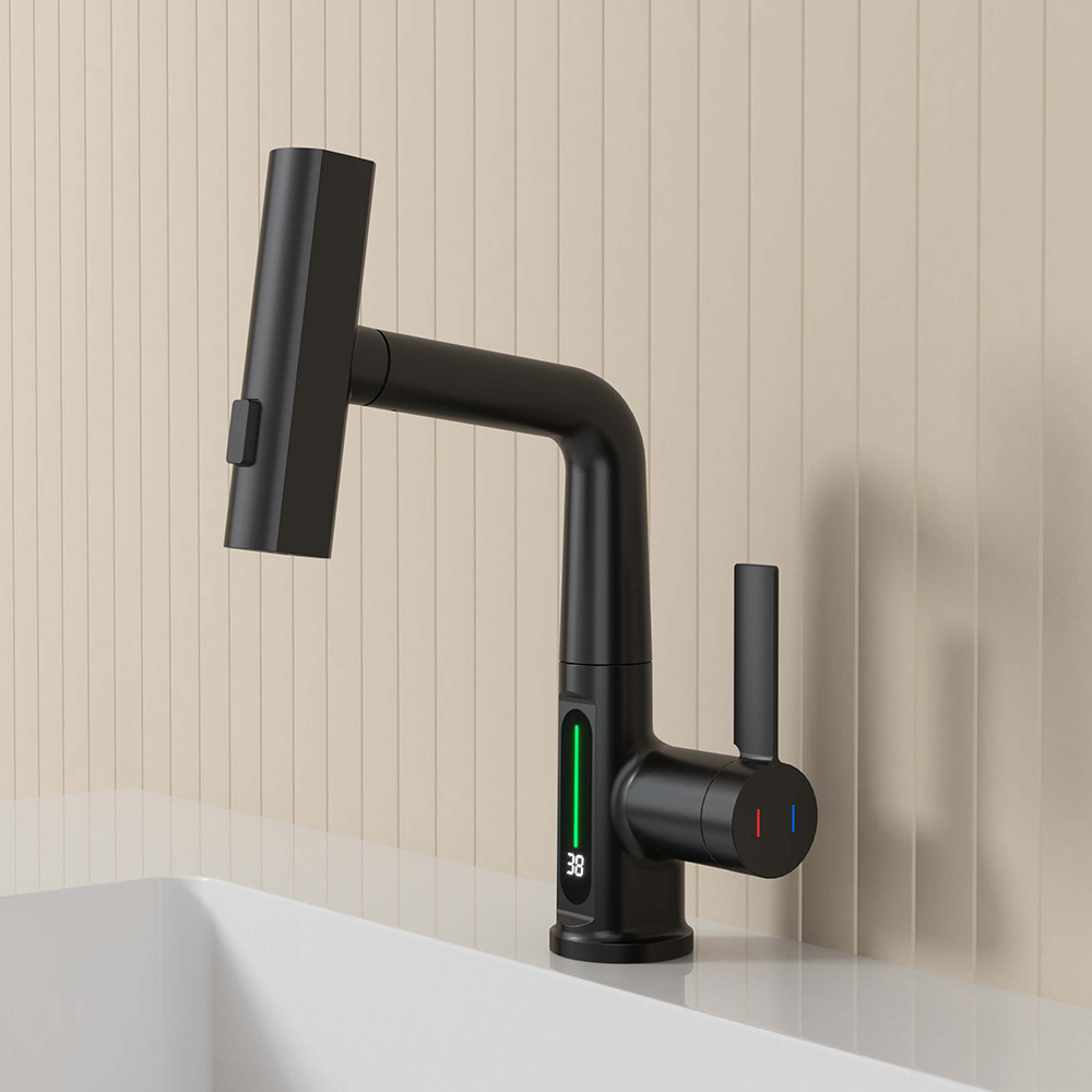 Matte Black Smart Led Digital Display Tall Waterfall Tap Washbasin Deck Mounted Bathroom Basin Faucet