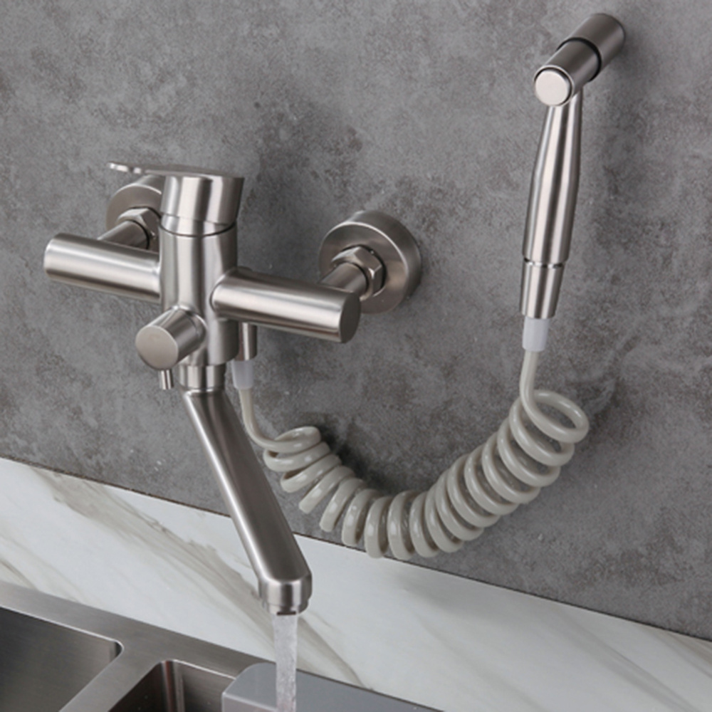 Stainless Steel Wall Mounted Double Hole Sink Tap With Sprayer Shower Head Cold And Hot Water Mixer Kitchen Faucet