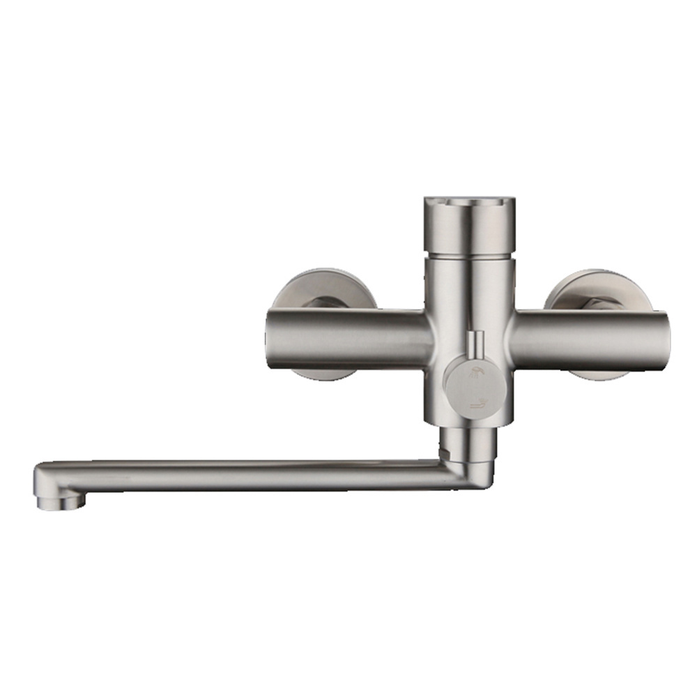 Stainless Steel Wall Mounted Double Hole Sink Tap With Sprayer Shower Head Cold And Hot Water Mixer Kitchen Faucet