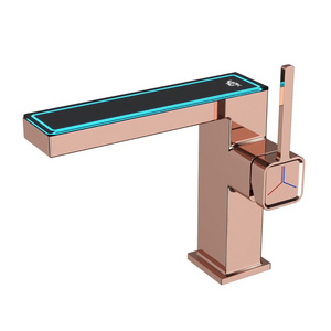 New Design Rose Gold LED Intelligent Digital Display Copper Hot Cold Water Bathroom Basin Mixer Tap Faucet Glass Basin Faucet