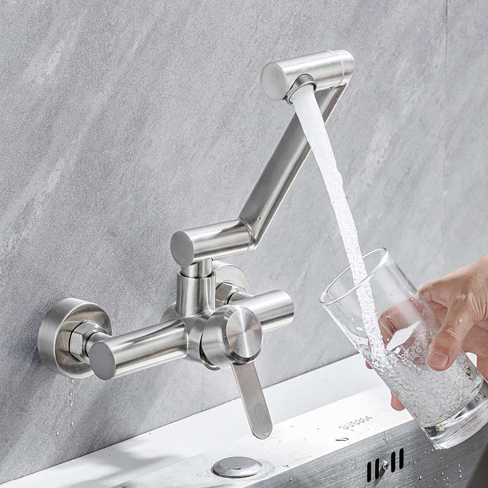 304 Stainless Steel Wall Mounted Universal Rotating Robot Arm Single handle Double Hole Kitchen Sink Water Tap Faucet