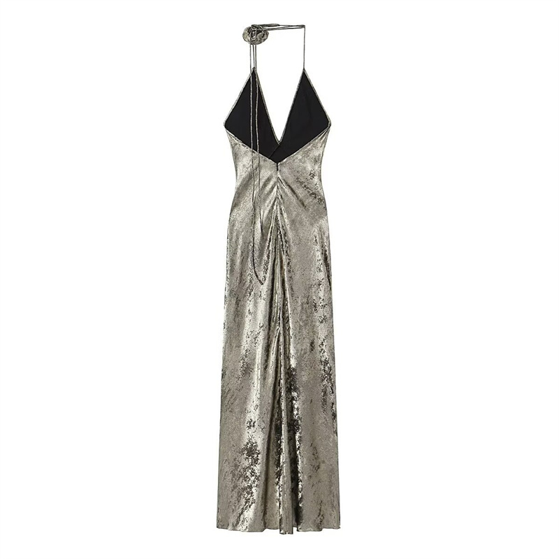 TAOP&ZA spring new fashion sexy women's dress sexy metallic foil flower decoration long dress 9306158