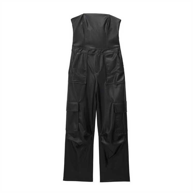 TAOP&ZA 2023 summer new black tube top jumpsuit multi-pocket tooling PU imitation leather long jumpsuit 3152302