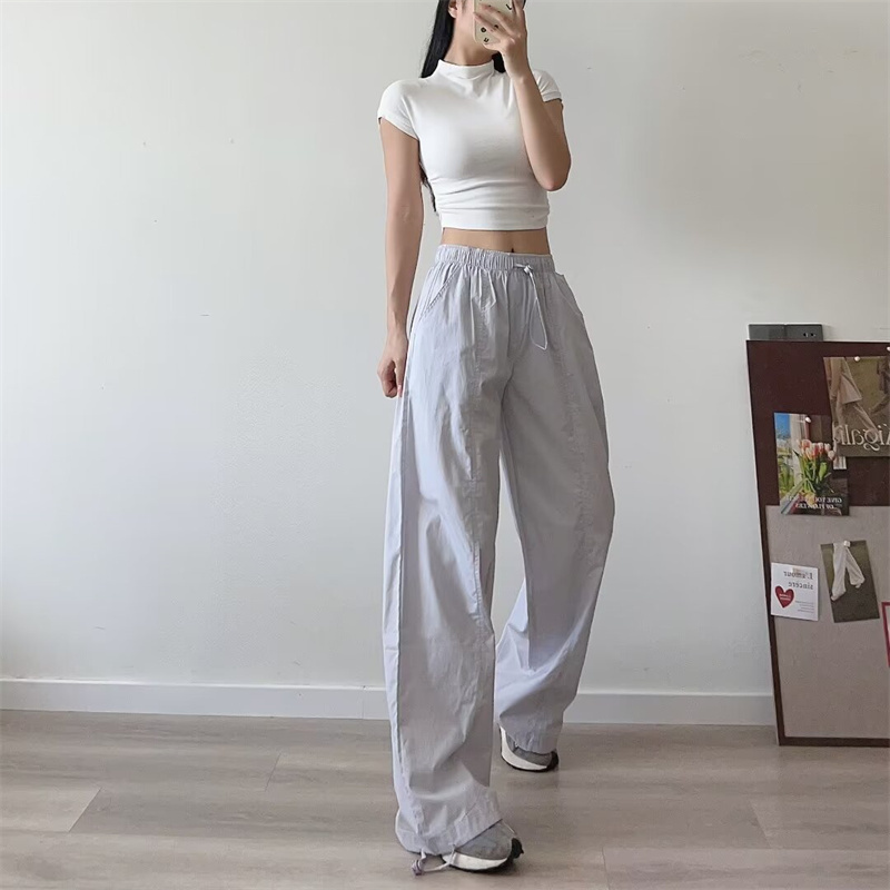 TAOP&ZA 4 Color Solid Color 2024 Drawstring Waist Full Length Casual Fashion Straight Cargo Pants Women's Long Parachute Pants 4