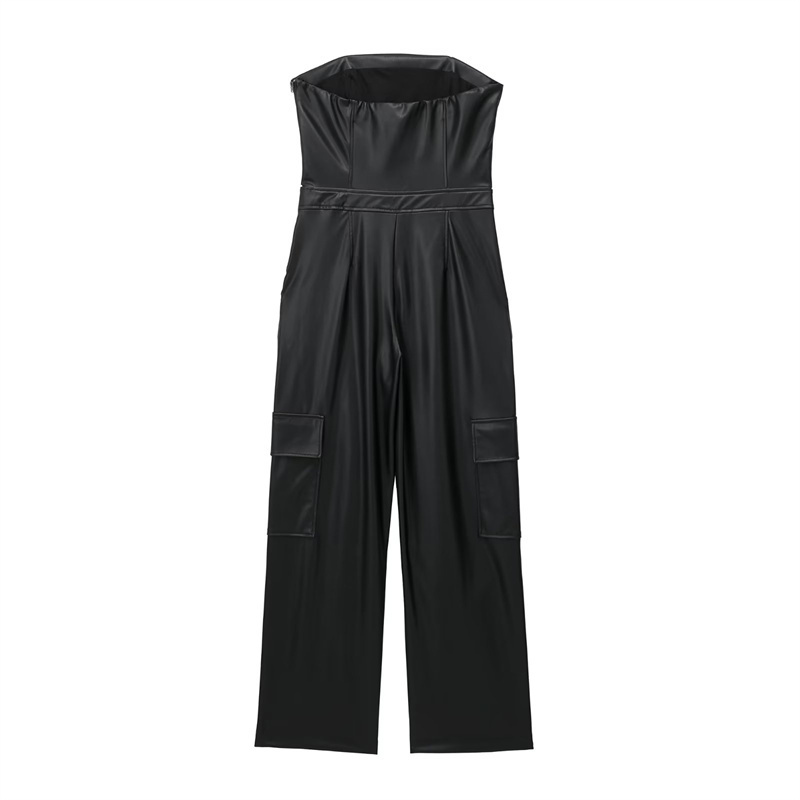 TAOP&ZA 2023 summer new black tube top jumpsuit multi-pocket tooling PU imitation leather long jumpsuit 3152302