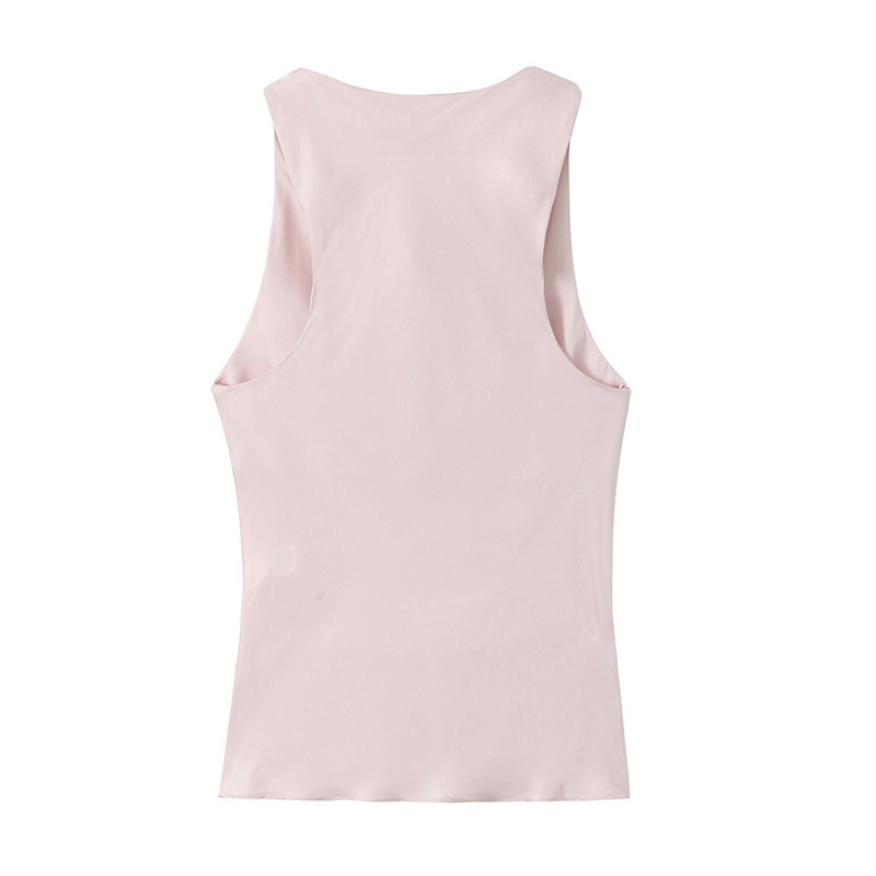 TAOP&ZA Pink Sleeveless French Swing Collar Satin Short Solid Color Pleated Vest Top High-end Female 2024 New Style 2375373