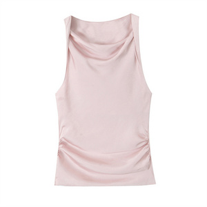 TAOP&ZA Pink Sleeveless French Swing Collar Satin Short Solid Color Pleated Vest Top High-end Female 2024 New Style 2375373