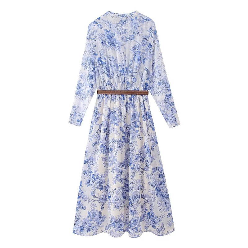 TAOP&ZA 24-4 spring and summer new French resort style long-sleeved V-neck belted layered decorative print dress