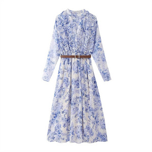 TAOP&ZA 24-4 spring and summer new French resort style long-sleeved V-neck belted layered decorative print dress