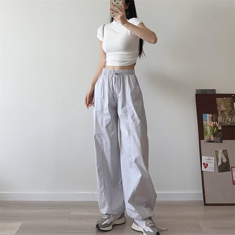 TAOP&ZA 4 Color Solid Color 2024 Drawstring Waist Full Length Casual Fashion Straight Cargo Pants Women's Long Parachute Pants 4