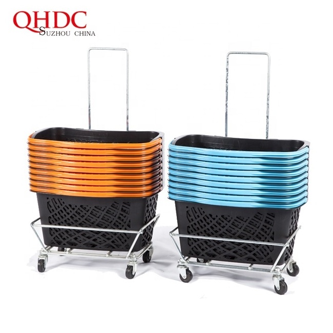 retail supermarket trolley rolling and movable plastic shopping basket stack stand