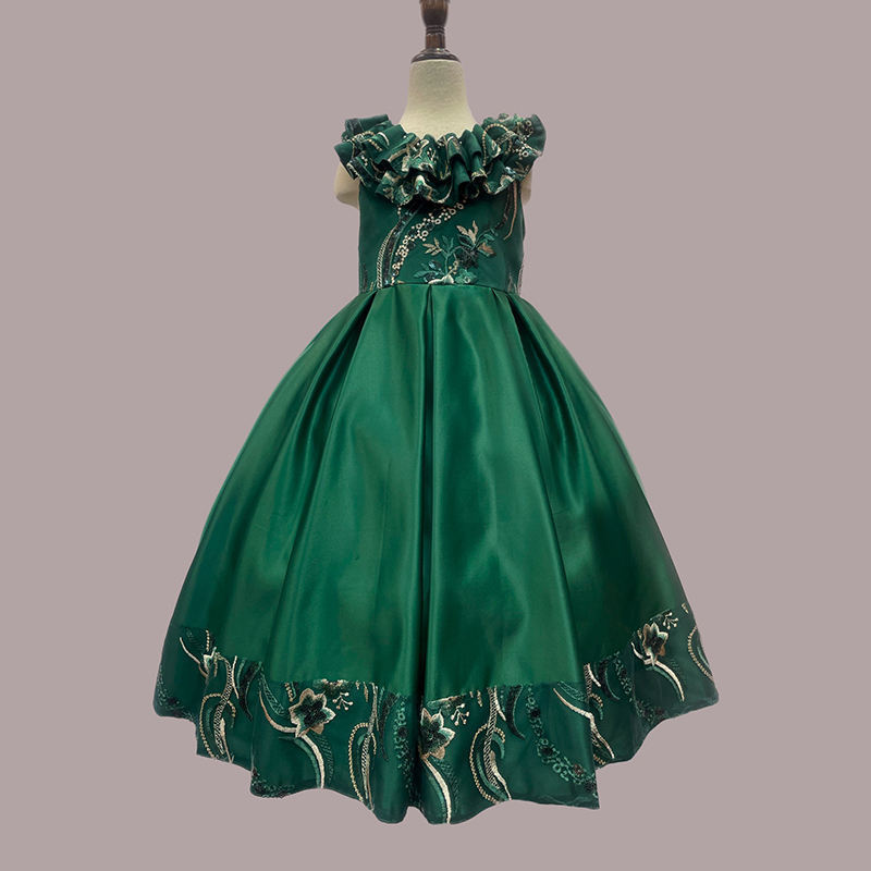 Children Wedding Party Princess Frock Green Flower Embroidery Maxi Teenager Girls Prom Pageant Gown Kids Bridesmaid Dress