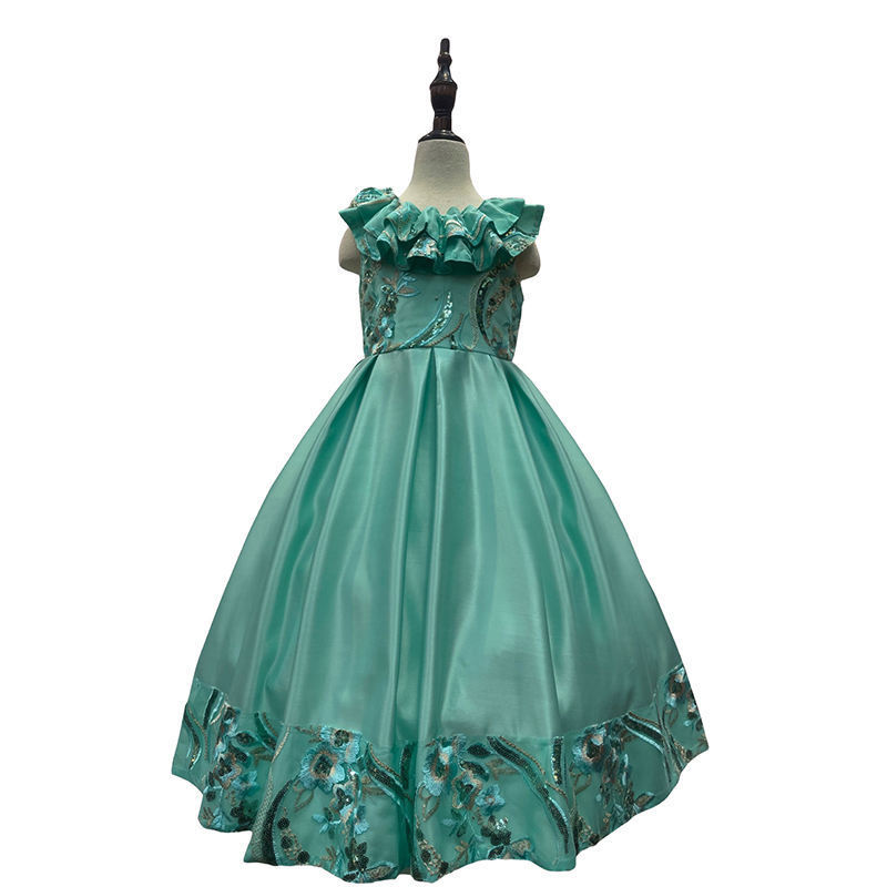 Children Wedding Party Princess Frock Green Flower Embroidery Maxi Teenager Girls Prom Pageant Gown Kids Bridesmaid Dress