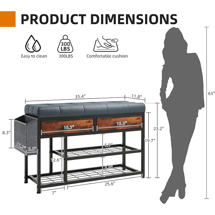 Wholesale 3-Tier Shoes Stool Faux Leather Storage Entryway Storage Bench With Padded Seat