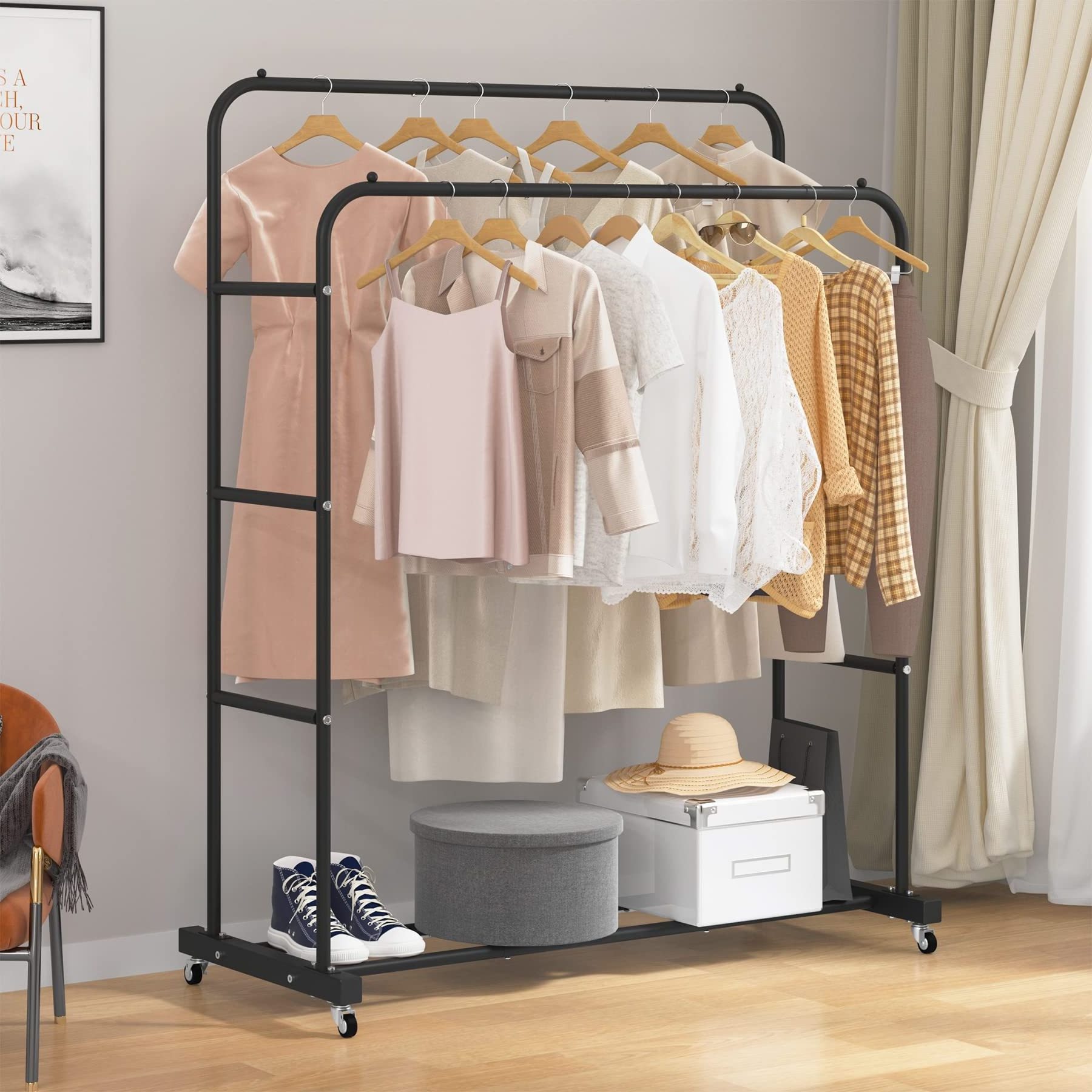 Hot Selling Black Multi-functional Bedroom Clothes Rack with Wheels Double Rods Garment Rack