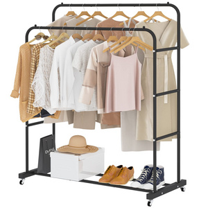 Hot Selling Black Multi-functional Bedroom Clothes Rack with Wheels Double Rods Garment Rack