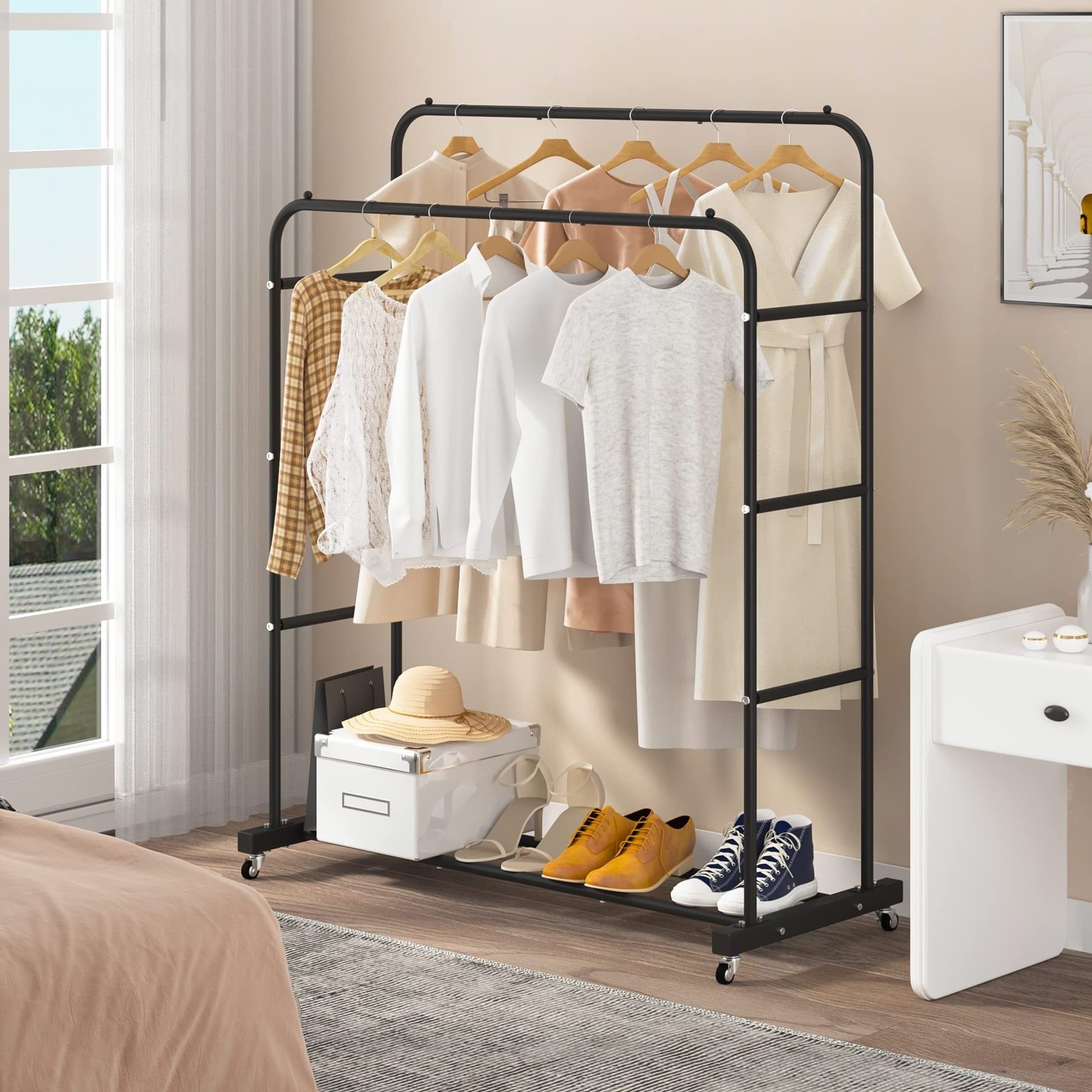 Hot Selling Black Multi-functional Bedroom Clothes Rack with Wheels Double Rods Garment Rack