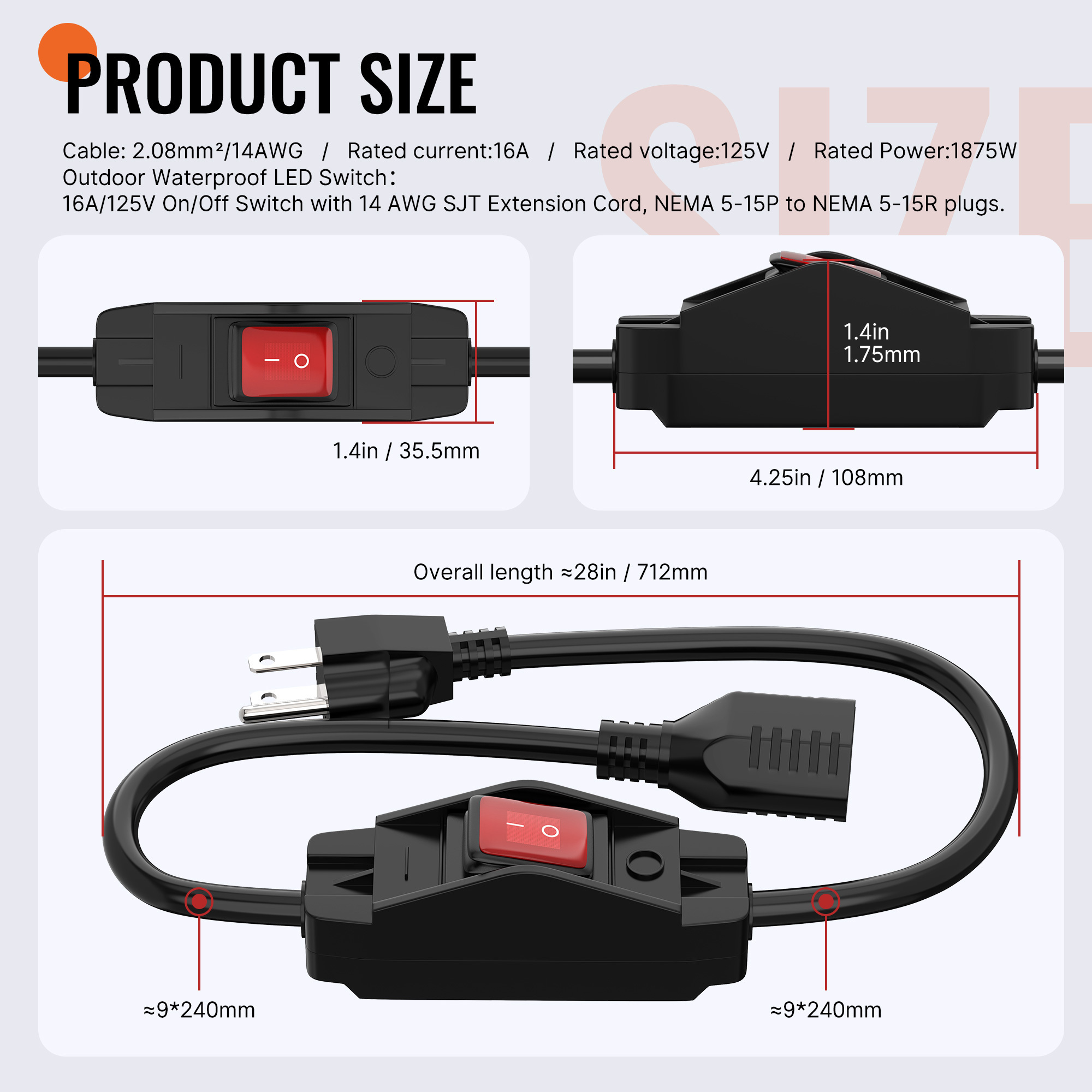 30A 4 Pin ON OFF Inline Rocker Switch Waterproof Inline LED Switch 2FT 14AWG Extension Inline Cord Switch With Cable and Socket