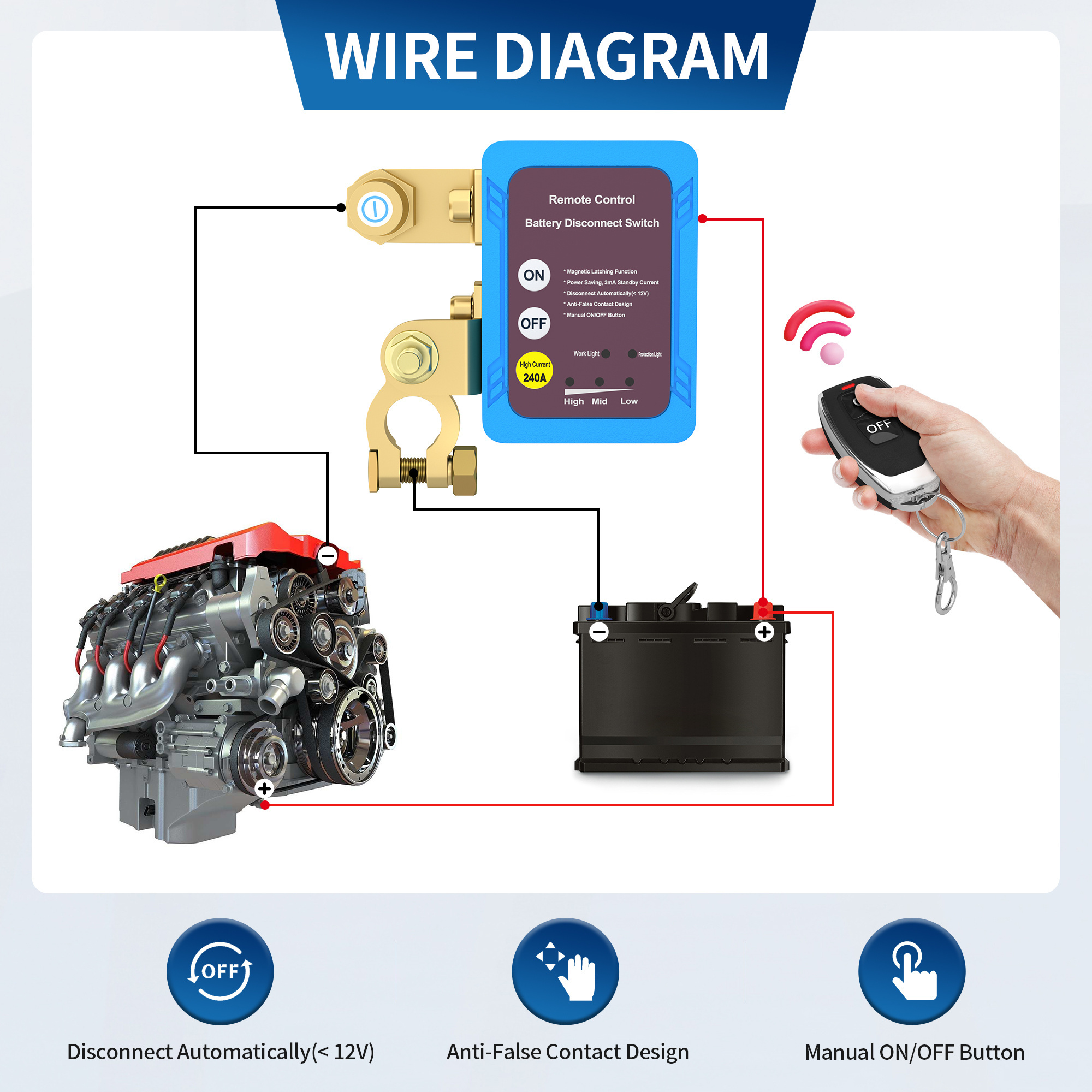 240A Battery Isolator Switch Power Cut Off Remote Disconnection Switch With 2 Remote Control Keys for Cars Models