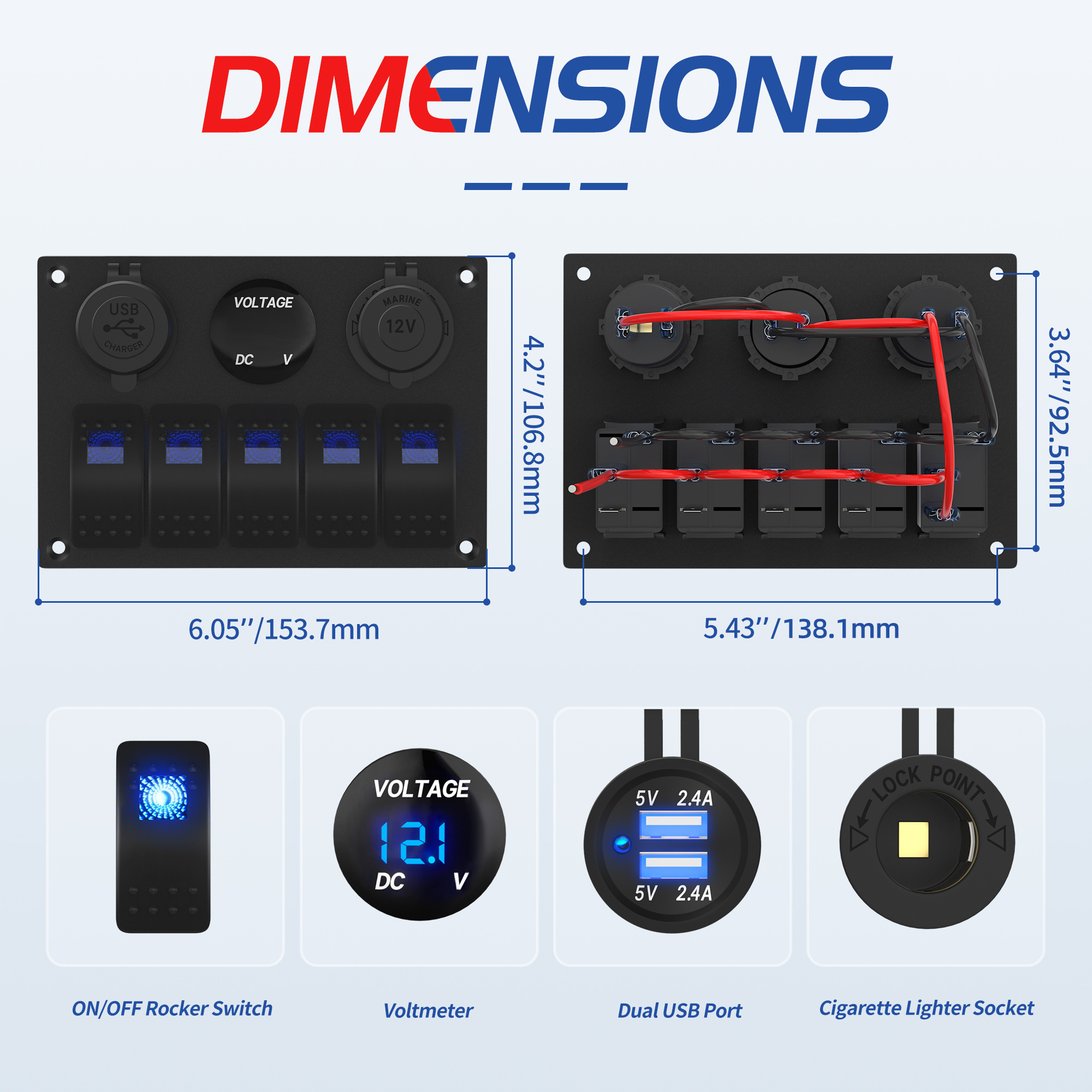 Aluminum 5 Gang Panel Switch Marine Electrical Control 12V Rocker Switch Panel With Cigarette Socket and Voltmeter and 4.8A USB